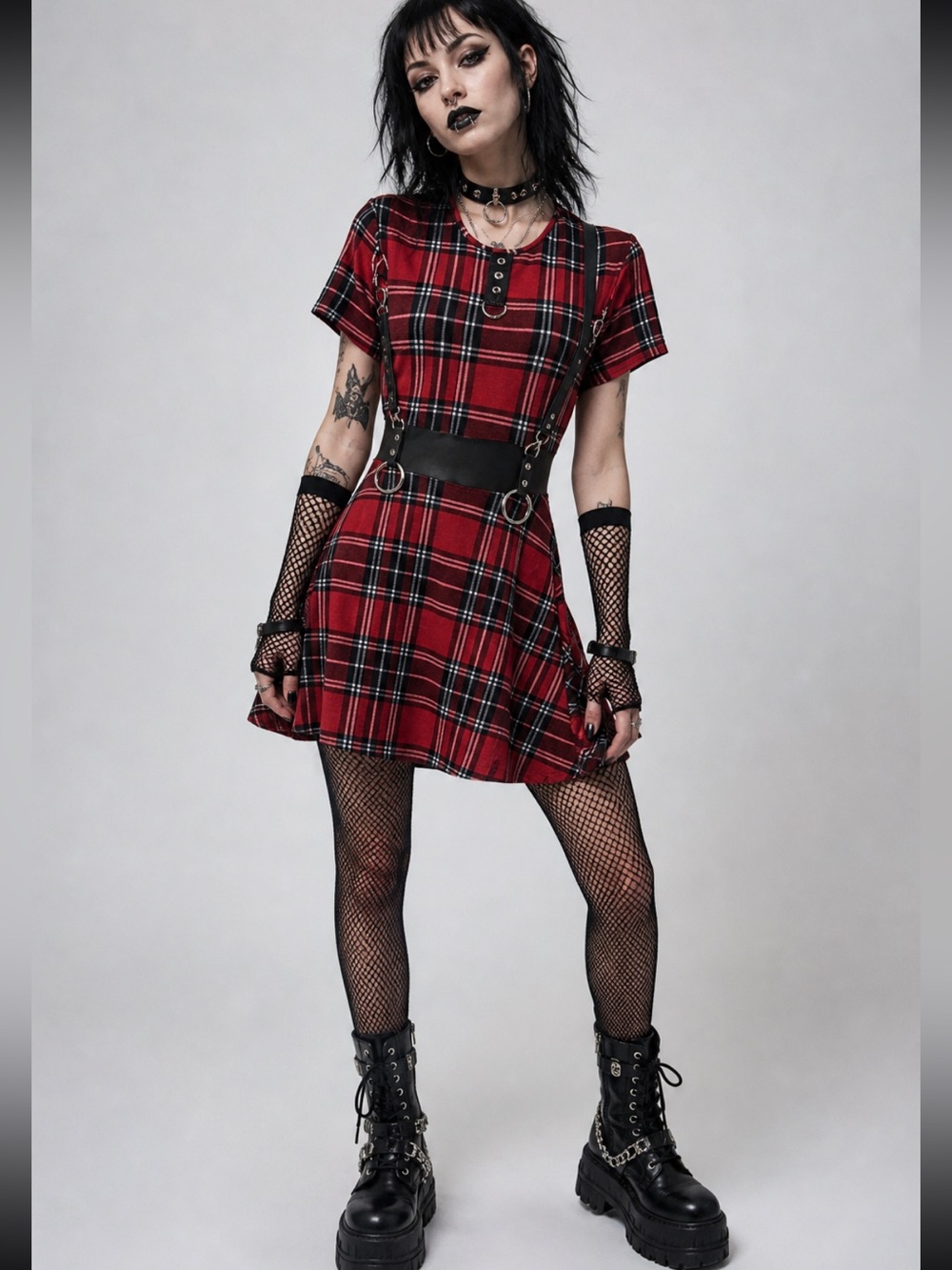 Devil Fashion X Dolls Kill Red Plaid Mesh Goth Punk Harness Dress S *NO CHAIN*